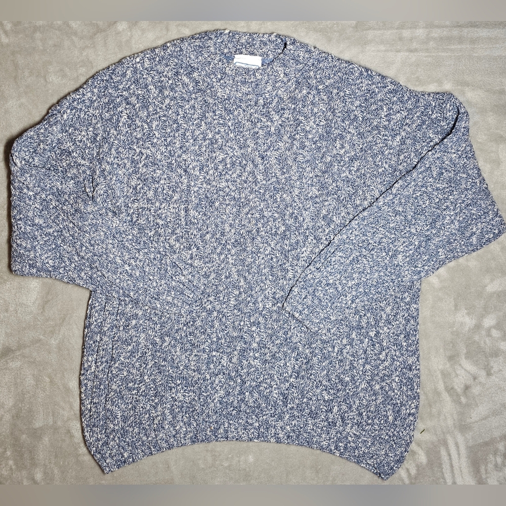The Sweater Shop Vintage Crew Neck Cable Knit Crew Neck Sweater XXL Blue + White